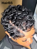 13x4 lace front Wig black pixie cut wig chioma finger wave 100% Human Hair