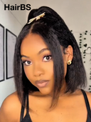 Pre-styled Updo 13x4 Lace Front Wig bob 14 inch kinky straight 100% Human Hair