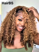 Half wig Hair extensions Machine made honey highlight deep wave 18 inch  With Draw-string Beginner Friendly( NOT A WIG)