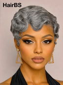 Machine Made Silver Salt And Pepper Grey pixie cut wig 100% Human Hair