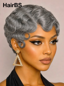 Machine Made Silver Salt And Pepper Grey pixie cut wig 100% Human Hair