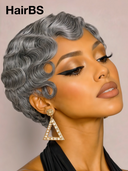 Machine Made Silver Salt And Pepper Grey pixie cut wig 100% Human Hair