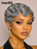 Machine Made Silver Salt And Pepper Grey pixie cut wig 100% Human Hair
