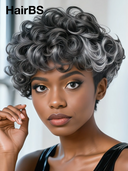 Machine Made Silver Salt And Pepper Grey pixie wig 100% Human Hair