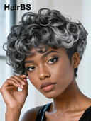 Machine Made Silver Salt And Pepper Grey pixie wig 100% Human Hair
