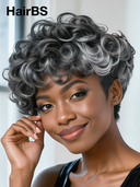 Machine Made Silver Salt And Pepper Grey pixie wig 100% Human Hair