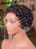 13x4 lace front Wig black pixie wig curly wave 100% Human Hair