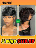 Great Deal Buy 1 Get 1 Free machine made pixie wig straight et finger wave 100% Human Hair