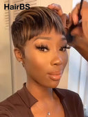 Glueless wig pixie cut wig cute Brown with Honey Highlights 100% Human Hair
