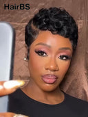 Lace front 13x4 HD wig black pixie cut wig finger wave 100% Human Hair