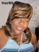 Mullet wig brown with honey highlight machine made 100% Human Hair