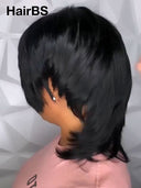 Mullet wig black straight machine made 100% Human Hair