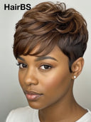 Glueless wig pixie cut wig  Brown Highlights for black woman 100% Human Hair