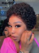 13x4 lace front Wig black curly wave pixie cute 100% Human Hair