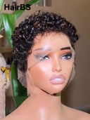 13x4 lace front Wig black pixie wig curly wave 100% Human Hair