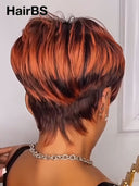 13x6 lace front HD lace Wig pixie cut wig orange highlght 100% Human Hair