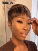 Glueless wig pixie cut wig cute Brown with Honey Highlights 100% Human Hair