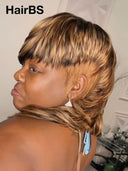 Mullet wig brown with honey highlight machine made 100% Human Hair
