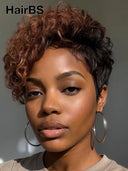 Lace front Pixie cut Wig brown highlight for black woman 100% Human Hair