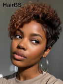 Lace front Pixie cut Wig brown highlight for black woman 100% Human Hair