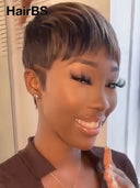 Glueless wig pixie cut wig cute Brown with Honey Highlights 100% Human Hair