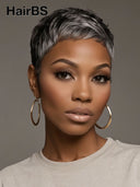 Ready to go Silver Salt And Pepper pixie cut wig 100% Human Hair
