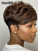 Glueless wig pixie cut wig  Brown Highlights for black woman 100% Human Hair