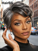 Full lace wig salt and pepper pixie quick weave side part 100% Human Hair