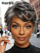 Full lace wig salt and pepper pixie quick weave side part 100% Human Hair