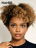Full lace wig pixie honey highlight afro curly 100% Human Hair