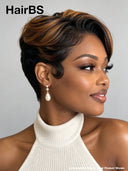Full lace pixie wig Quick weave brown highlight