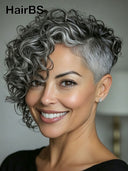Full lace or topper wig pixie salt and pepper curly wave 100% Human Hair
