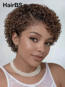 Full lace wig pixie brown curly wave side part 100% Human Hair