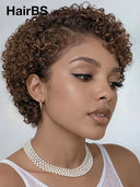 Full lace wig pixie brown curly wave side part 100% Human Hair