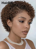 Full lace wig pixie brown curly wave side part 100% Human Hair