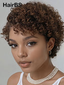 Full lace wig pixie brown curly wave side part 100% Human Hair