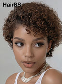 Full lace wig pixie brown curly wave side part 100% Human Hair