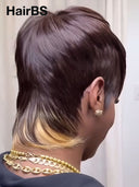 Glueless Wig pixie cut honey Highlights with brown 100% Human Hair 