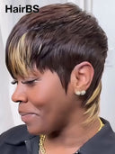 Glueless Wig pixie cut honey Highlights with brown 100% Human Hair 