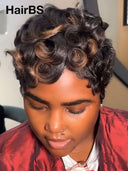 Glueless Wig Machine Made pixie cut finger wavy Highlights 100% Human Hair