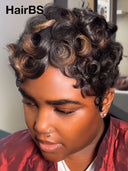 Glueless Wig Machine Made pixie cut finger wavy Highlights 100% Human Hair