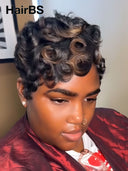 Glueless Wig Machine Made pixie cut finger wavy Highlights 100% Human Hair