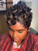 Glueless Wig Machine Made pixie cut finger wavy Highlights 100% Human Hair