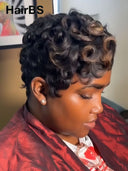 Glueless Wig Machine Made pixie cut finger wavy Highlights 100% Human Hair