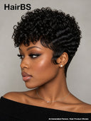Ready to Go Glueless Wig curly wave pixie black Machine Made 100% Human Hair