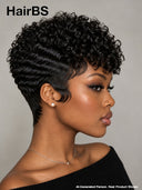 Ready to Go Glueless Wig curly wave pixie black Machine Made 100% Human Hair