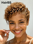 13x4 lace front side part pixie cut wig curly wave Brown