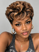 Lace front 13x4 Soft Curly 1B Highlights Pixie wig Quick weave
