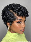 Lace front 13x4 pixie wig Short Black curly side part