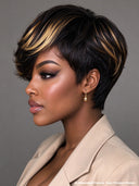 Lace front 13x4 pixie wig side part honey highlight with bangs